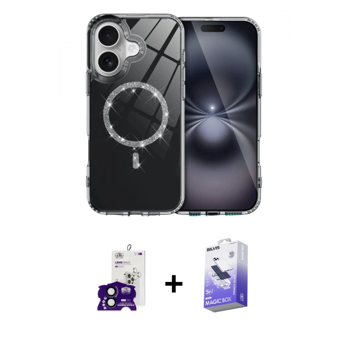 MARSİLYAN™- iPhone 16 Kılıf Kıvılcım Form Prime - Siyah Bilvis 5in1 5D Magic Hayalet Cam Ekran Koruyucu + Bilvis Titan Kamera Lens - SH