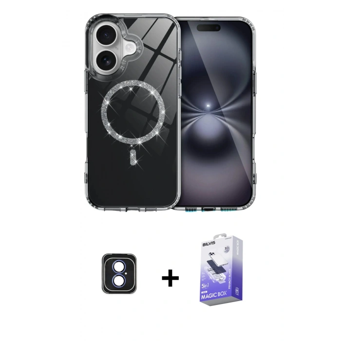 MARSİLYAN™- iPhone 16 Kılıf Kıvılcım Form Prime - Siyah Bilvis 5in1 5D Magic Hayalet Cam Ekran Koruyucu + Mavi PVD Metal Kamera Lens