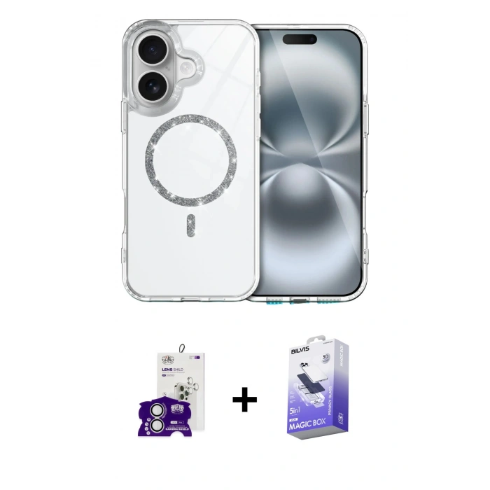 MARSİLYAN™- iPhone 16 Kılıf Kıvılcım Form Prime - Siyah Bilvis 5in1 5D Magic Hayalet Cam Ekran Koruyucu + Bilvis Titan Kamera Lens - GS