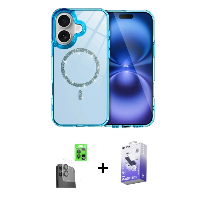MARSİLYAN™- iPhone 16 Kılıf Kıvılcım Form Prime - Siyah Bilvis 5in1 5D Magic Hayalet Cam Ekran Koruyucu + Siyah Raze Metal Kamera Lens