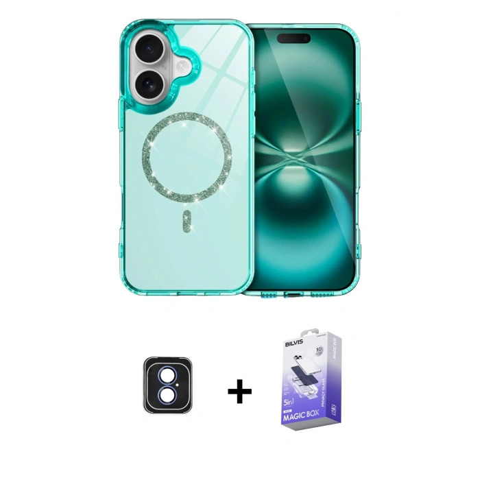 MARSİLYAN™- iPhone 16 Kılıf Kıvılcım Form Prime - Siyah Bilvis 5in1 5D Magic Hayalet Cam Ekran Koruyucu + PVD Metal Kamera Lens - MI