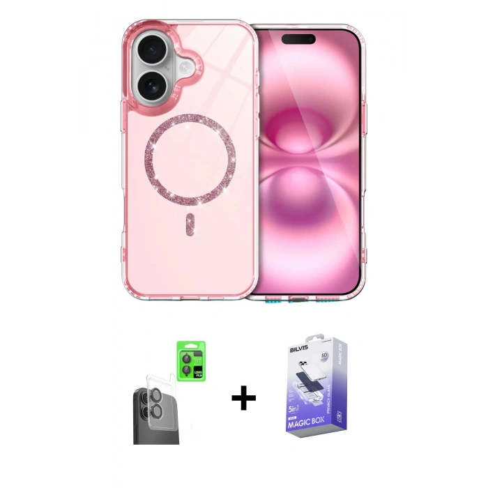 MARSİLYAN™- iPhone 16 Kılıf Kıvılcım Form Prime - Siyah Bilvis 5in1 5D Magic Hayalet Cam Ekran Koruyucu + Siyah Raze Metal Kamera Lens