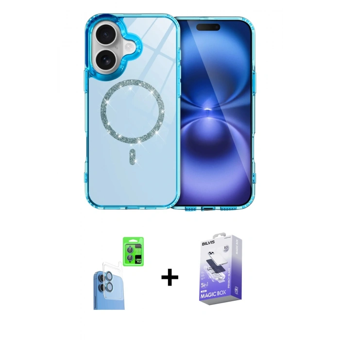 MARSİLYAN™- iPhone 16 Kılıf Kıvılcım Form Prime - Siyah Bilvis 5in1 5D Magic Hayalet Cam Ekran Koruyucu + Raze Metal Kamera Lens - LT
