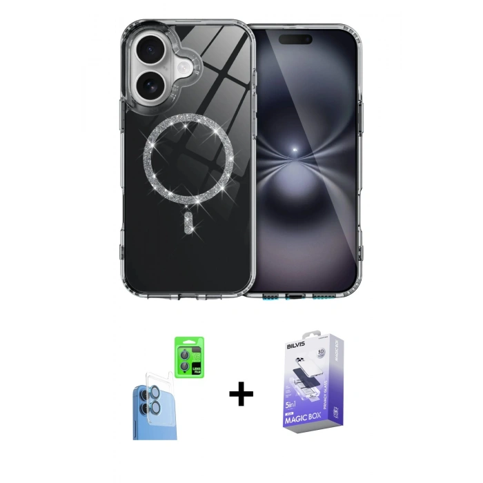 MARSİLYAN™- iPhone 16 Kılıf Kıvılcım Form Prime - Siyah Bilvis 5in1 5D Magic Hayalet Cam Ekran Koruyucu + Raze Metal Kamera Lens - LT