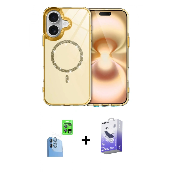 MARSİLYAN™- iPhone 16 Kılıf Kıvılcım Form Prime - Siyah Bilvis 5in1 5D Magic Hayalet Cam Ekran Koruyucu + Raze Metal Kamera Lens - LT