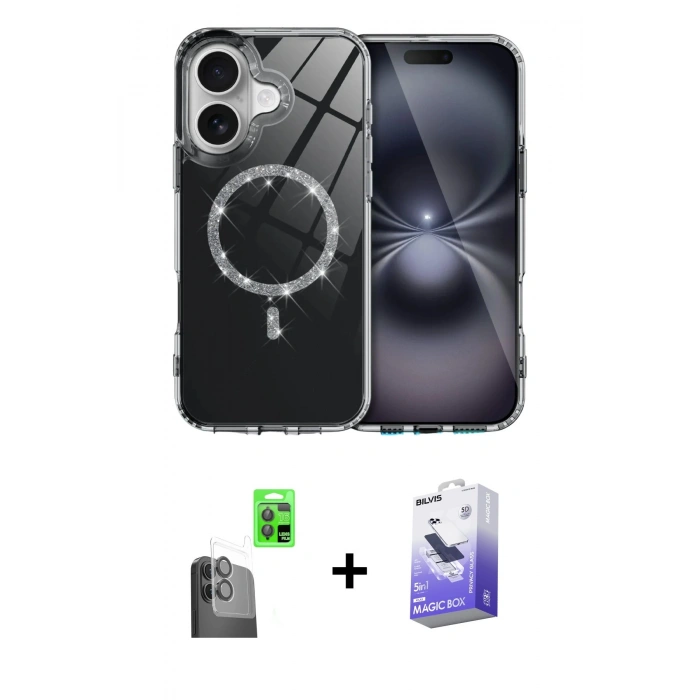 MARSİLYAN™- iPhone 16 Kılıf Kıvılcım Form Prime - Siyah Bilvis 5in1 5D Magic Hayalet Cam Ekran Koruyucu + Siyah Raze Metal Kamera Lens