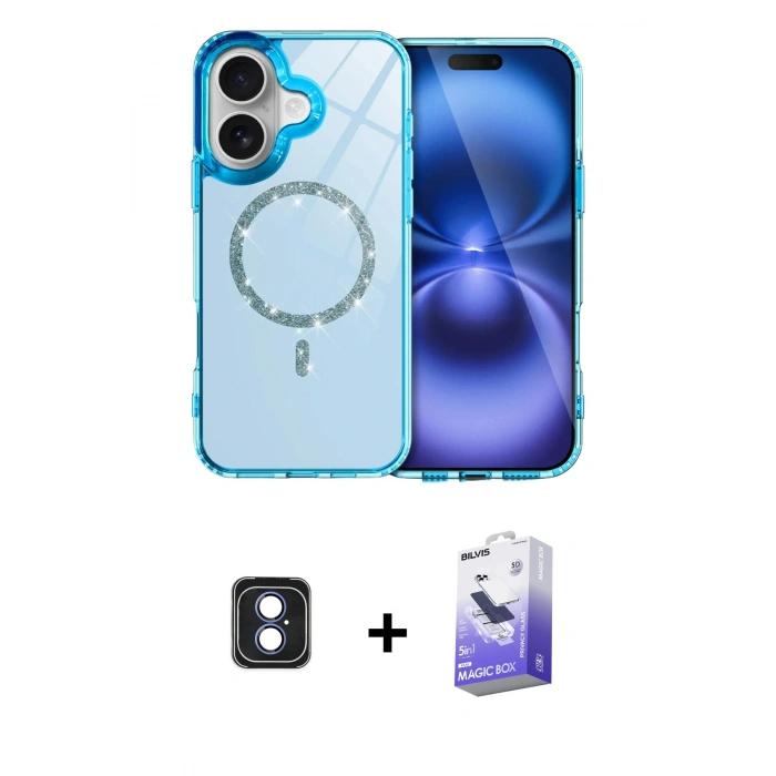 MARSİLYAN™- iPhone 16 Kılıf Kıvılcım Form Prime - Siyah Bilvis 5in1 5D Magic Hayalet Cam Ekran Koruyucu + PVD Metal Kamera Lens - MI