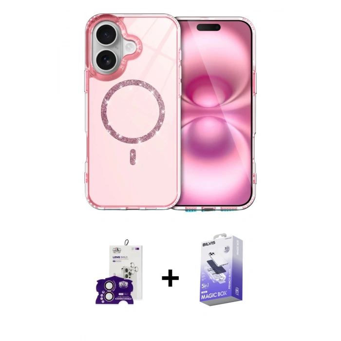 MARSİLYAN™- iPhone 16 Kılıf Kıvılcım Form Prime - Siyah Bilvis 5in1 5D Magic Hayalet Cam Ekran Koruyucu + Pembe Bilvis Titan Kamera Lens