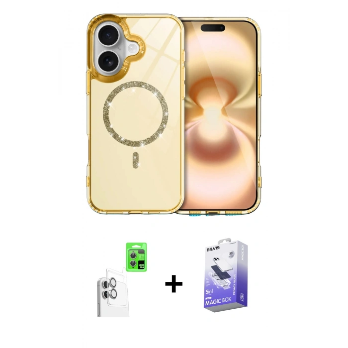 MARSİLYAN™- iPhone 16 Kılıf Kıvılcım Form Prime - Siyah Bilvis 5in1 5D Magic Hayalet Cam Ekran Koruyucu + Beyaz Raze Metal Kamera Lens