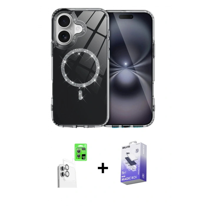 MARSİLYAN™- iPhone 16 Kılıf Kıvılcım Form Prime - Siyah Bilvis 5in1 5D Magic Hayalet Cam Ekran Koruyucu + Beyaz Raze Metal Kamera Lens