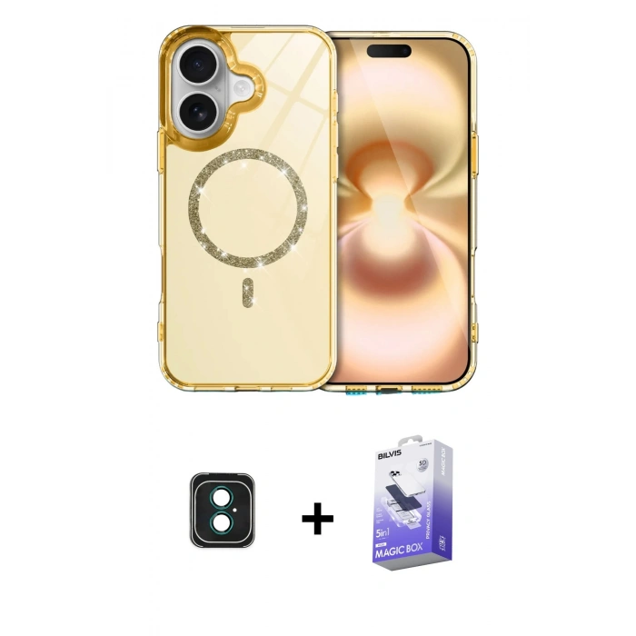 MARSİLYAN™- iPhone 16 Kılıf Kıvılcım Form Prime - Siyah Bilvis 5in1 5D Magic Hayalet Cam Ekran Koruyucu + PVD Metal Kamera Lens - YL