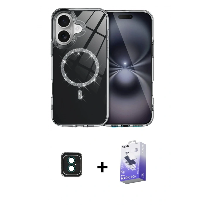 MARSİLYAN™- iPhone 16 Kılıf Kıvılcım Form Prime - Siyah Bilvis 5in1 5D Magic Hayalet Cam Ekran Koruyucu + PVD Metal Kamera Lens - YL
