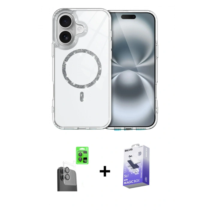 MARSİLYAN™- iPhone 16 Kılıf Kıvılcım Form Prime - Siyah Bilvis 5in1 5D Magic Hayalet Cam Ekran Koruyucu + Siyah Raze Metal Kamera Lens
