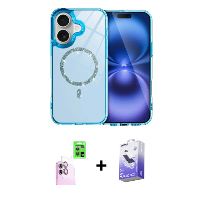 MARSİLYAN™- iPhone 16 Kılıf Kıvılcım Form Prime - Siyah Bilvis 5in1 5D Magic Hayalet Cam Ekran Koruyucu + Raze Metal Kamera Lens - PE