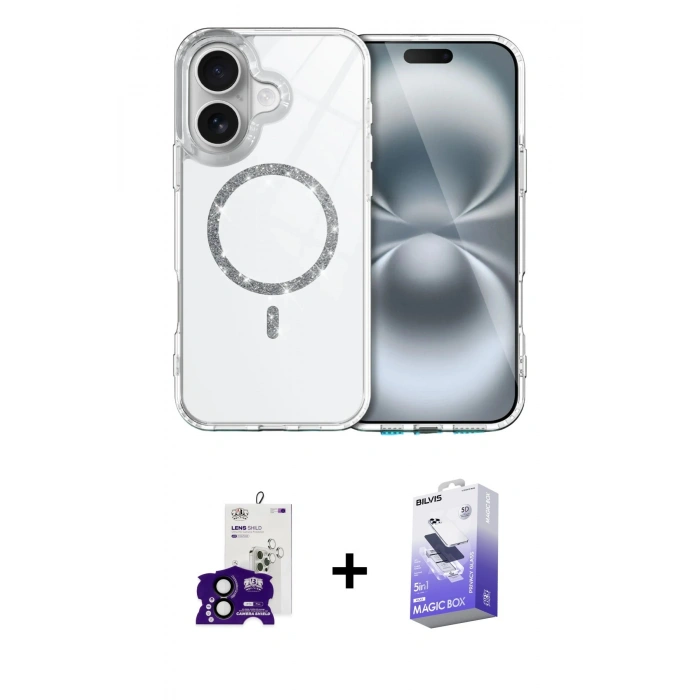 MARSİLYAN™- iPhone 16 Kılıf Kıvılcım Form Prime - Siyah Bilvis 5in1 5D Magic Hayalet Cam Ekran Koruyucu + Bilvis Titan Kamera Lens - SH