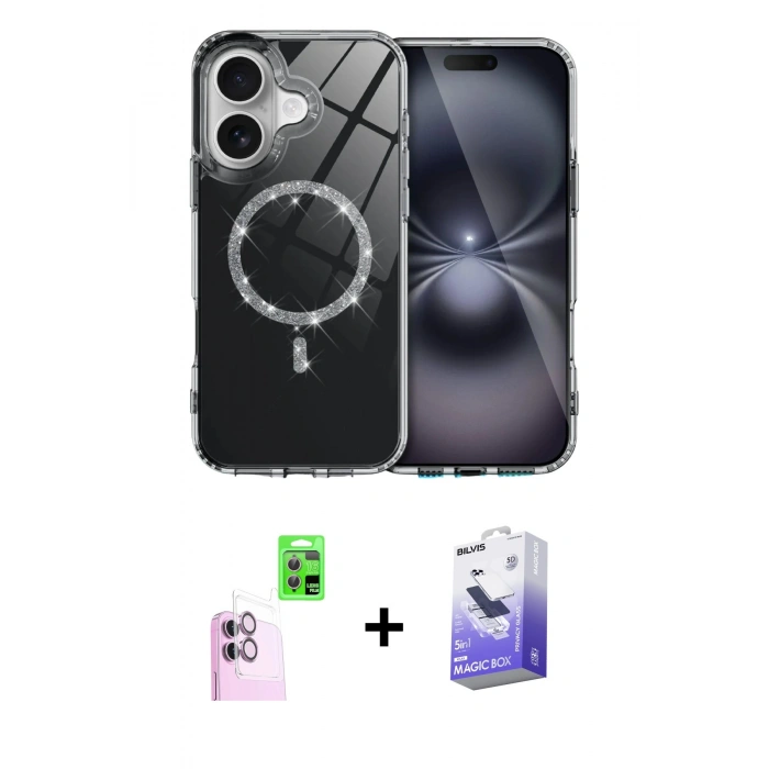 MARSİLYAN™- iPhone 16 Kılıf Kıvılcım Form Prime - Siyah Bilvis 5in1 5D Magic Hayalet Cam Ekran Koruyucu + Raze Metal Kamera Lens - PE