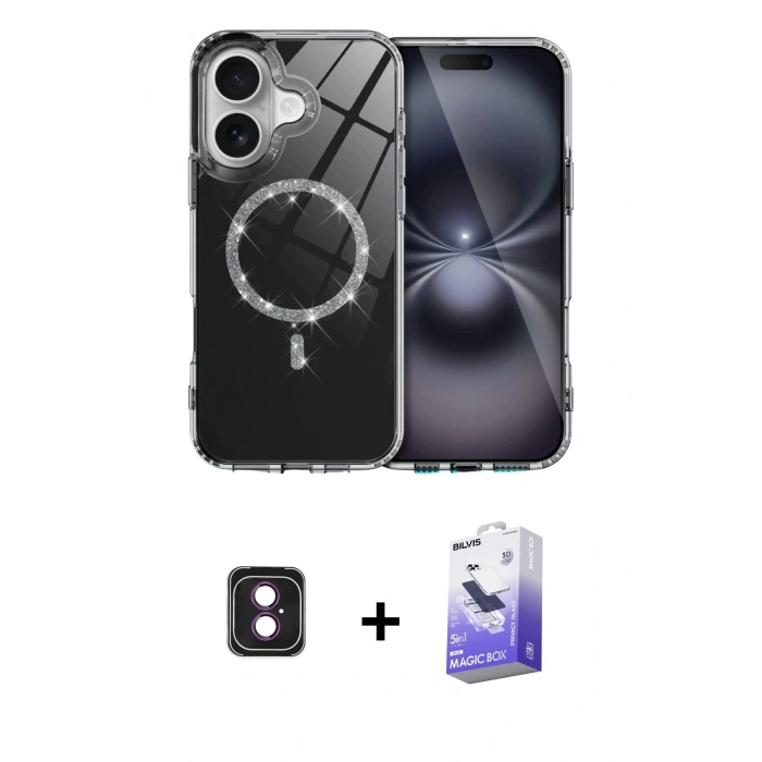 MARSİLYAN™- iPhone 16 Kılıf Kıvılcım Form Prime - Siyah Bilvis 5in1 5D Magic Hayalet Cam Ekran Koruyucu + PVD Metal Kamera Lens - PE