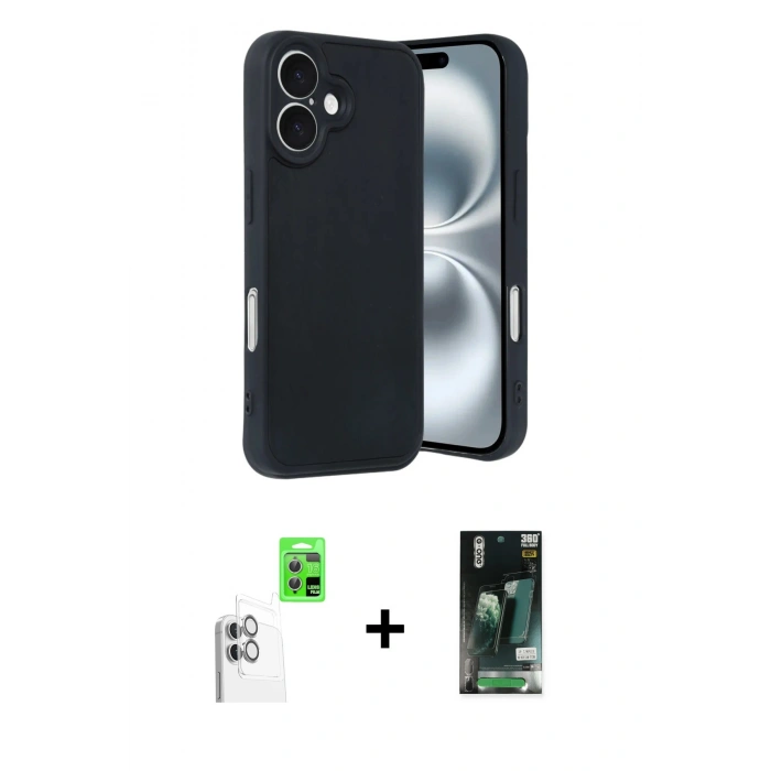 MARSİLYAN™- iPhone 16 Kılıf Kıvılcım Işık Serisi - Siyah 360 Mat Full Body Arka Koruyucu + Raze Metal Kamera Lens - BZ