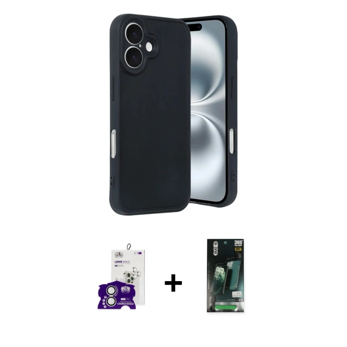 MARSİLYAN™- iPhone 16 Kılıf Kıvılcım Işık Serisi - Siyah 360 Mat Full Body Arka Koruyucu + Bilvis Titan Kamera Lens - GS