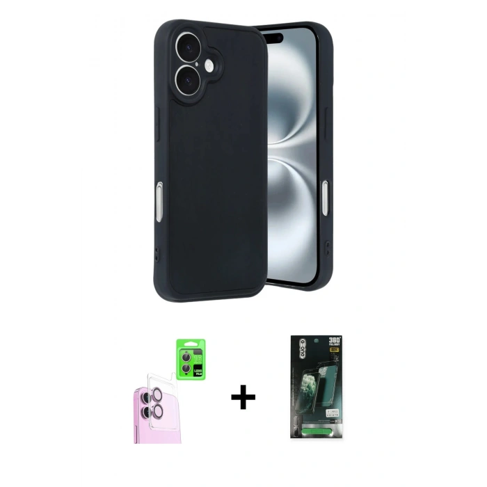 MARSİLYAN™- iPhone 16 Kılıf Kıvılcım Işık Serisi - Siyah 360 Mat Full Body Arka Koruyucu + Raze Metal Kamera Lens - PE