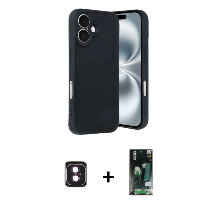 MARSİLYAN™- iPhone 16 Kılıf Kıvılcım Işık Serisi - Siyah 360 Mat Full Body Arka Koruyucu + PVD Metal Kamera Lens - PE