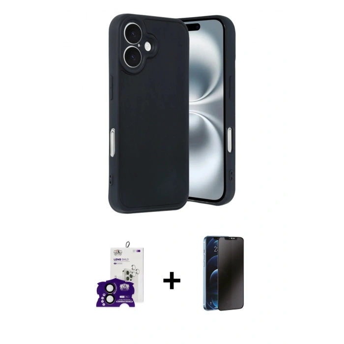 MARSİLYAN™- iPhone 16 Kılıf Kıvılcım Işık Serisi - Siyah 3D Antistatik Hayalet Cam Ekran Koruyucu + Bilvis Titan Kamera Lens - SH