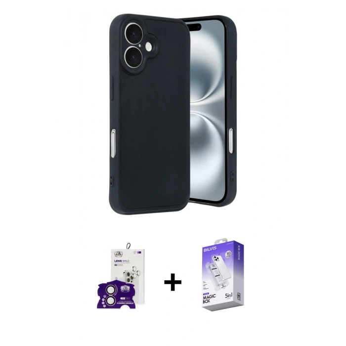 MARSİLYAN™- iPhone 16 Kılıf Kıvılcım Işık Serisi - Siyah Bilvis 5in1 3D Magic Cam Ekran Koruyucu + Bilvis Titan Kamera Lens - PE