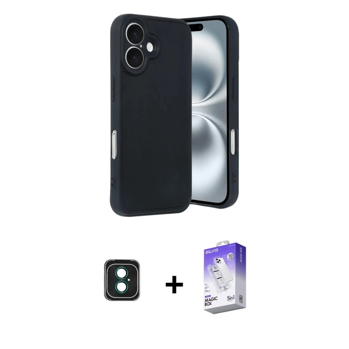 MARSİLYAN™- iPhone 16 Kılıf Kıvılcım Işık Serisi - Siyah Bilvis 5in1 3D Magic Cam Ekran Koruyucu + PVD Metal Kamera Lens - YL