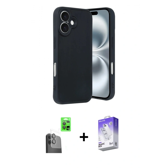 MARSİLYAN™- iPhone 16 Kılıf Kıvılcım Işık Serisi - Siyah Bilvis 5in1 3D Magic Cam Ekran Koruyucu + Raze Metal Kamera Lens - SH