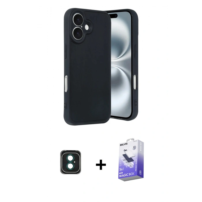 MARSİLYAN™- iPhone 16 Kılıf Kıvılcım Işık Serisi - Siyah Bilvis 5in1 5D Magic Hayalet Cam Ekran Koruyucu + PVD Metal Kamera Lens - YL