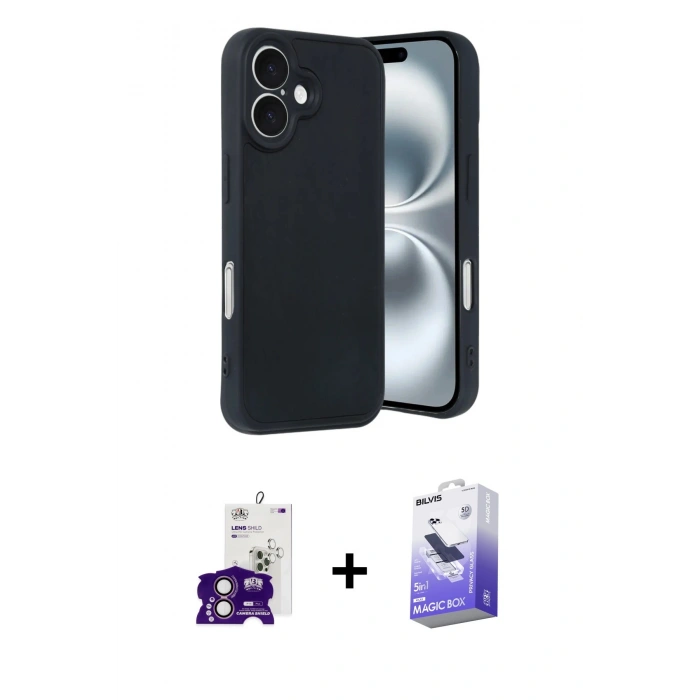 MARSİLYAN™- iPhone 16 Kılıf Kıvılcım Işık Serisi - Siyah Bilvis 5in1 5D Magic Hayalet Cam Ekran Koruyucu + Pembe Bilvis Titan Kamera Lens