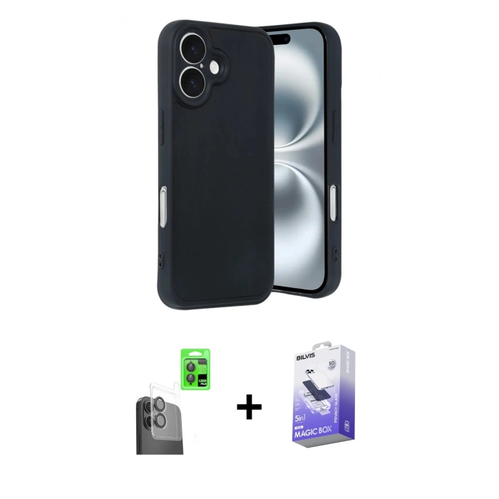 MARSİLYAN™- iPhone 16 Kılıf Kıvılcım Işık Serisi - Siyah Bilvis 5in1 5D Magic Hayalet Cam Ekran Koruyucu + Raze Metal Kamera Lens - SH