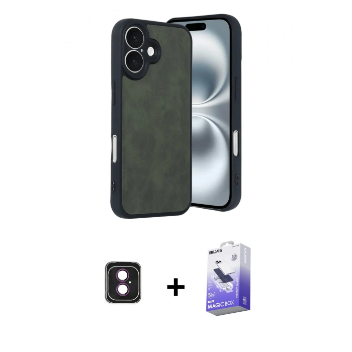 MARSİLYAN™- iPhone 16 Kılıf Kıvılcım Işık Serisi - Siyah Bilvis 5in1 5D Magic Hayalet Cam Ekran Koruyucu + PVD Metal Kamera Lens - PE