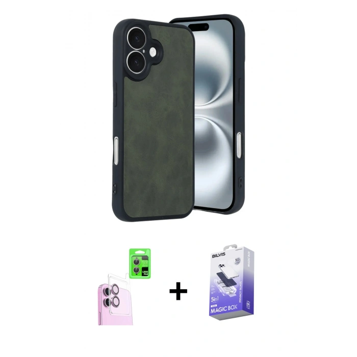 MARSİLYAN™- iPhone 16 Kılıf Kıvılcım Işık Serisi - Siyah Bilvis 5in1 5D Magic Hayalet Cam Ekran Koruyucu + Raze Metal Kamera Lens - PE