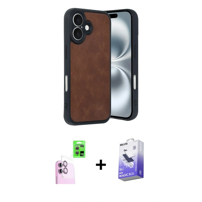 MARSİLYAN™- iPhone 16 Kılıf Kıvılcım Işık Serisi - Siyah Bilvis 5in1 5D Magic Hayalet Cam Ekran Koruyucu + Raze Metal Kamera Lens - PE