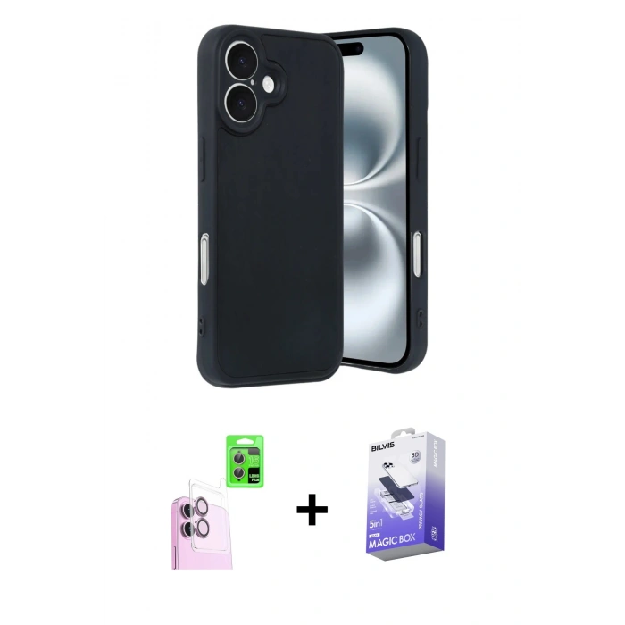 MARSİLYAN™- iPhone 16 Kılıf Kıvılcım Işık Serisi - Siyah Bilvis 5in1 5D Magic Hayalet Cam Ekran Koruyucu + Raze Metal Kamera Lens - PE
