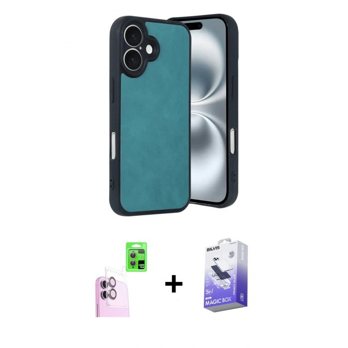 MARSİLYAN™- iPhone 16 Kılıf Kıvılcım Işık Serisi - Siyah Bilvis 5in1 5D Magic Hayalet Cam Ekran Koruyucu + Raze Metal Kamera Lens - PE