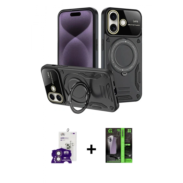MARSİLYAN™- iPhone 16 Kılıf Kıvılcım Modern Serisi - Şeffaf 360 Full Body Arka Koruyucu + Bilvis Titan Kamera Lens - PE