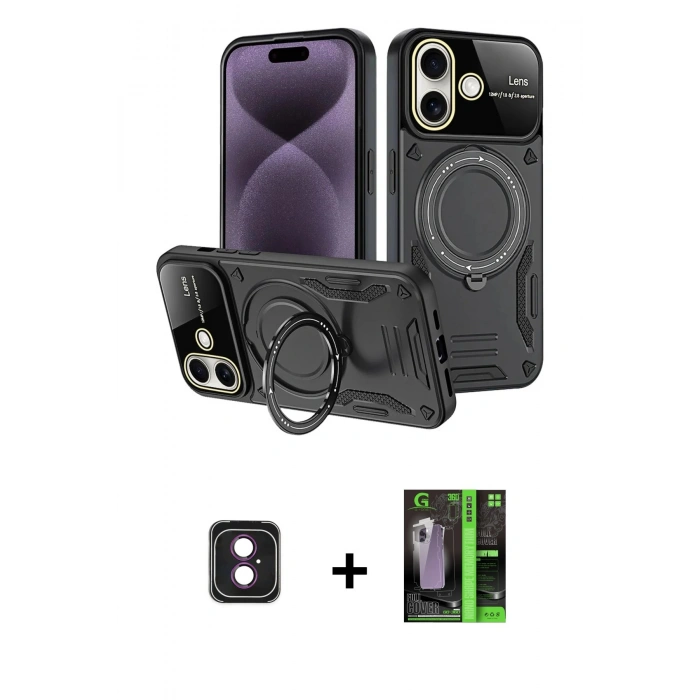 MARSİLYAN™- iPhone 16 Kılıf Kıvılcım Modern Serisi - Şeffaf 360 Full Body Arka Koruyucu + PVD Metal Kamera Lens - PE