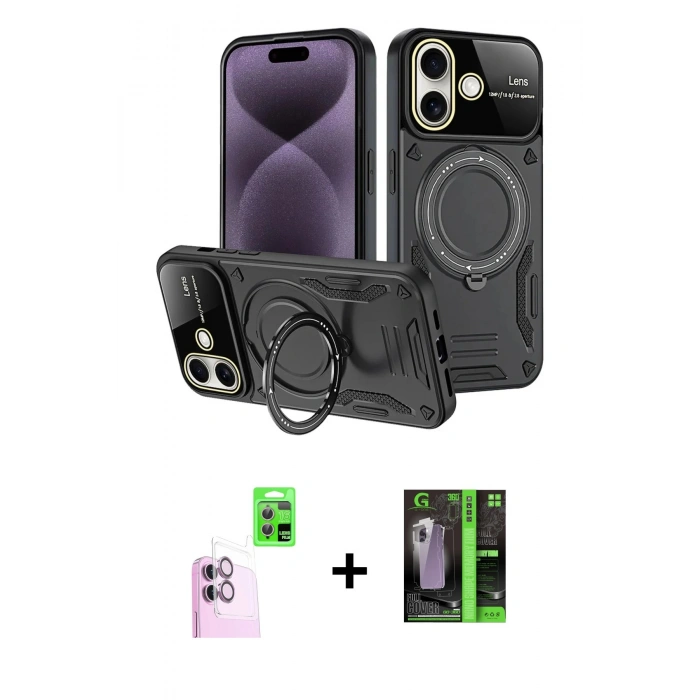 MARSİLYAN™- iPhone 16 Kılıf Kıvılcım Modern Serisi - Şeffaf 360 Full Body Arka Koruyucu + Pembe Raze Metal Kamera Lens