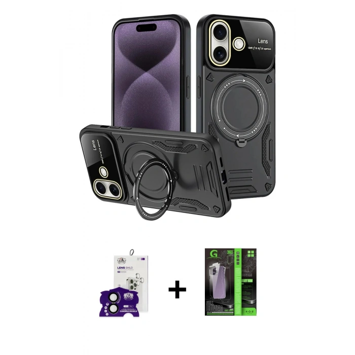 MARSİLYAN™- iPhone 16 Kılıf Kıvılcım Modern Serisi - Şeffaf 360 Full Body Arka Koruyucu + Siyah Bilvis Titan Kamera Lens