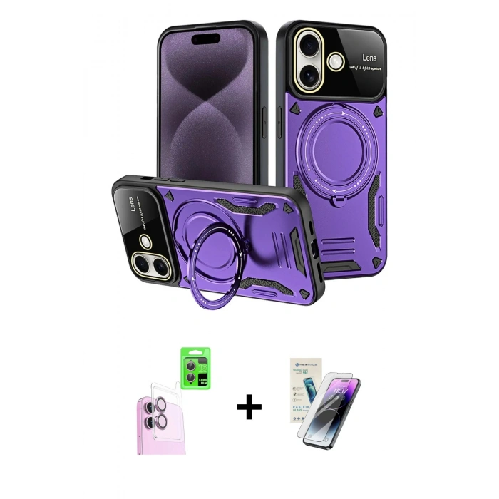 MARSİLYAN™- iPhone 16 Kılıf Kıvılcım Modern Serisi - Şeffaf Pasifik Cam Ekran Koruyucu + Raze Metal Kamera Lens - PE