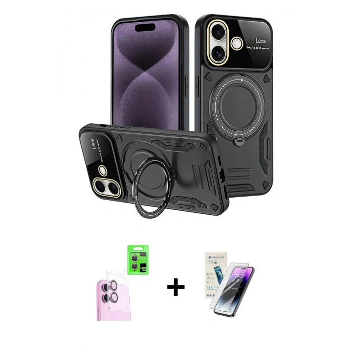 MARSİLYAN™- iPhone 16 Kılıf Kıvılcım Modern Serisi - Şeffaf Pasifik Cam Ekran Koruyucu + Raze Metal Kamera Lens - PE
