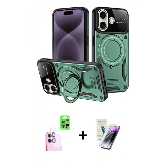 MARSİLYAN™- iPhone 16 Kılıf Kıvılcım Modern Serisi - Şeffaf Pasifik Cam Ekran Koruyucu + Raze Metal Kamera Lens - PE