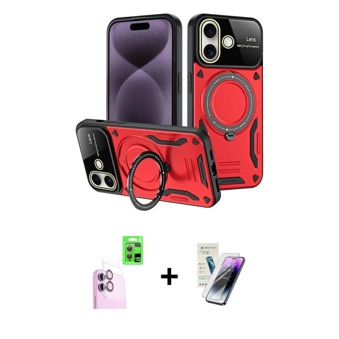 MARSİLYAN™- iPhone 16 Kılıf Kıvılcım Modern Serisi - Şeffaf Pasifik Cam Ekran Koruyucu + Raze Metal Kamera Lens - PE