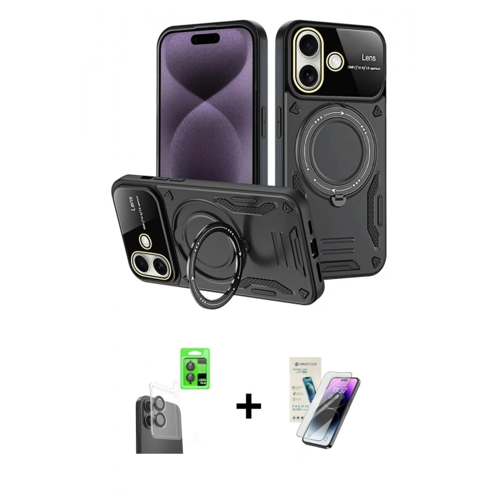 MARSİLYAN™- iPhone 16 Kılıf Kıvılcım Modern Serisi - Şeffaf Pasifik Cam Ekran Koruyucu + Raze Metal Kamera Lens - SH
