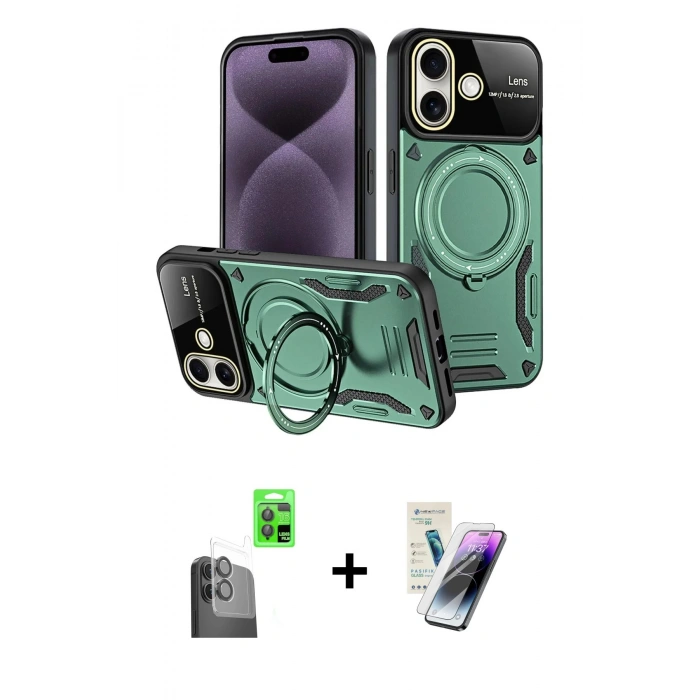 MARSİLYAN™- iPhone 16 Kılıf Kıvılcım Modern Serisi - Şeffaf Pasifik Cam Ekran Koruyucu + Raze Metal Kamera Lens - SH