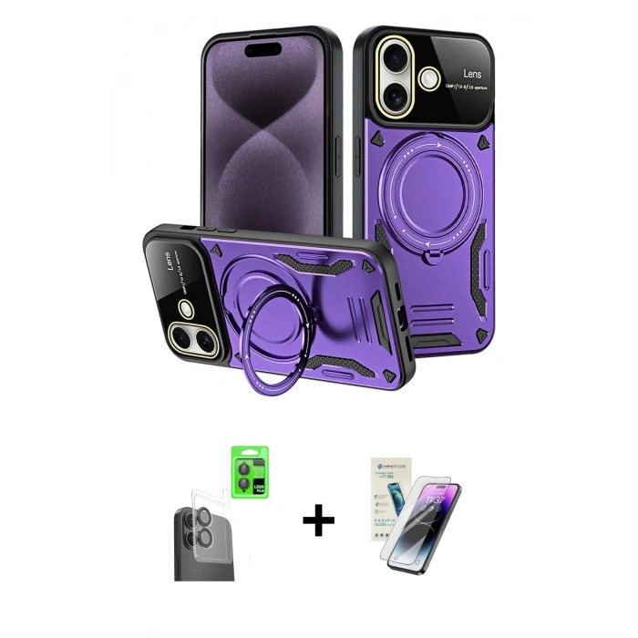 MARSİLYAN™- iPhone 16 Kılıf Kıvılcım Modern Serisi - Şeffaf Pasifik Cam Ekran Koruyucu + Raze Metal Kamera Lens - SH