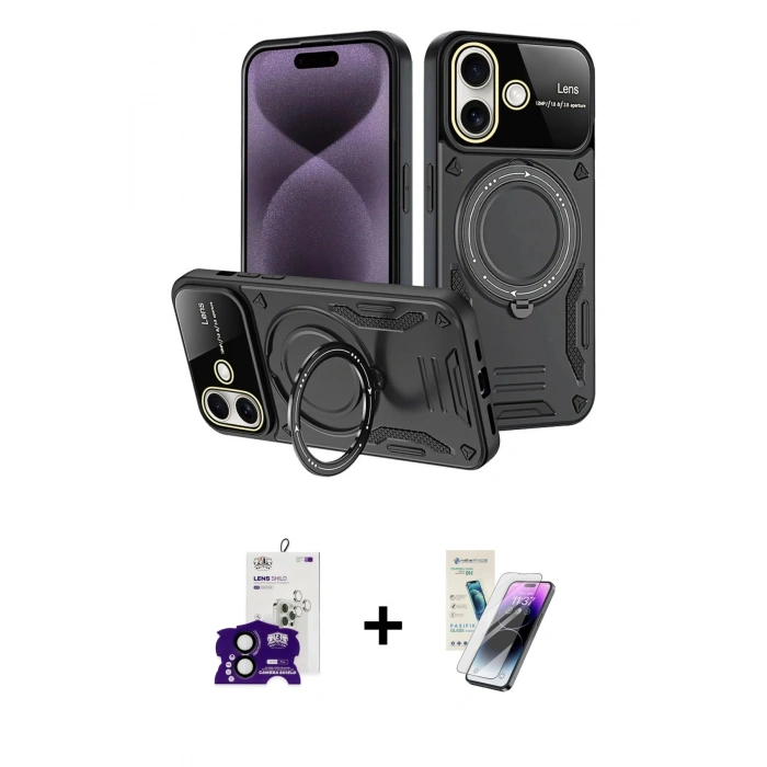 MARSİLYAN™- iPhone 16 Kılıf Kıvılcım Modern Serisi - Şeffaf Pasifik Cam Ekran Koruyucu + Bilvis Titan Kamera Lens - SH