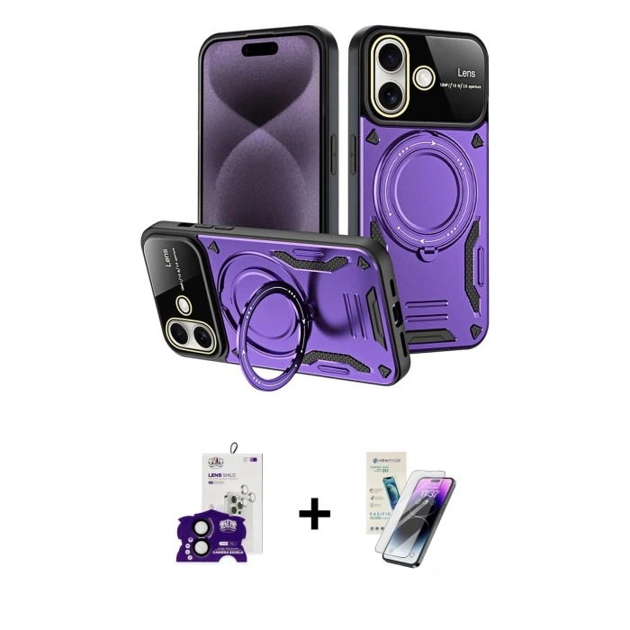 MARSİLYAN™- iPhone 16 Kılıf Kıvılcım Modern Serisi - Şeffaf Pasifik Cam Ekran Koruyucu + Bilvis Titan Kamera Lens - SH